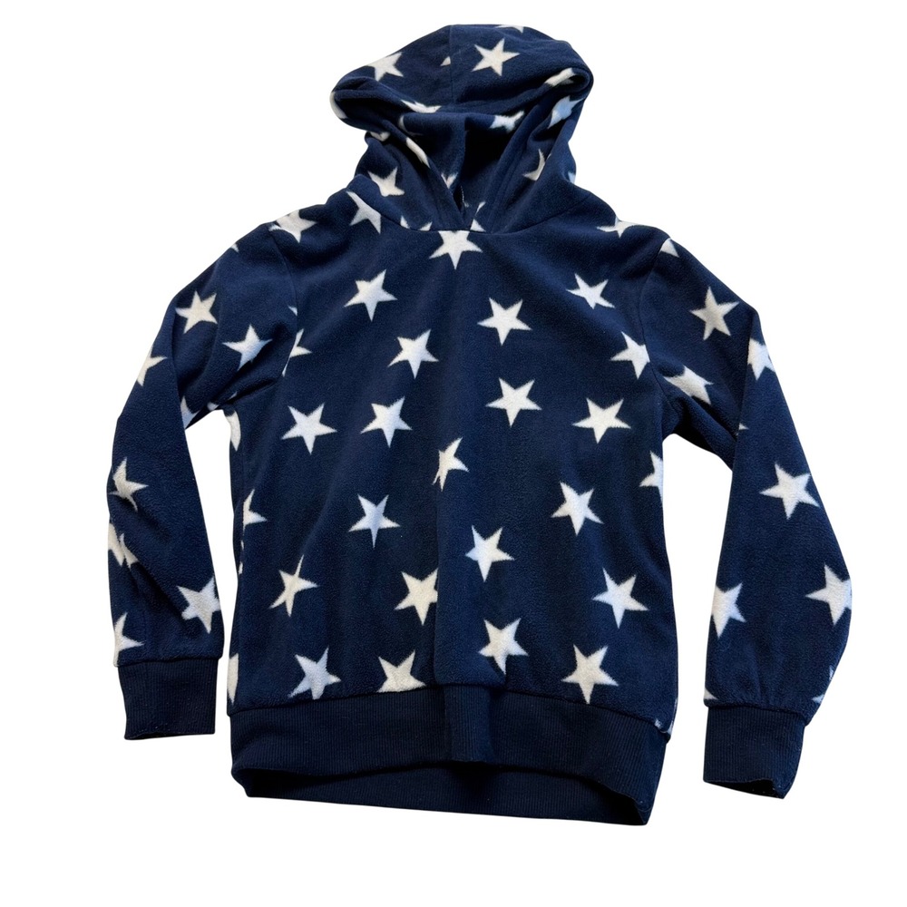 H&M Fleece Hoodie Kids Size 6-8Y Navy Blue White Star Print Pullover Kidcore